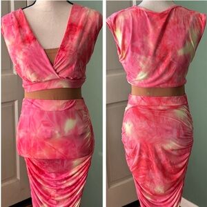 Women’s Sz S/M pink tie dyed draped skirt crop top casual fun set by Código